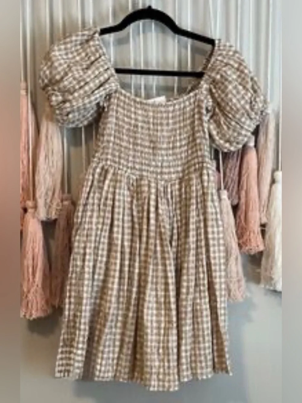 Misa Los Angeles Beige Gingham Smocked Puff-Sleeve Mini Dress - Picture 2 of 7